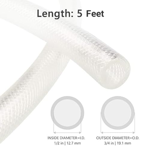 1/2" ID x 5 Ft High Pressure Braided Clear PVC Vinyl Tubing Flexible Vinyl Tube, Heavy Duty Reinforced Vinyl Hose Tubing, BPA Free and Non Toxic