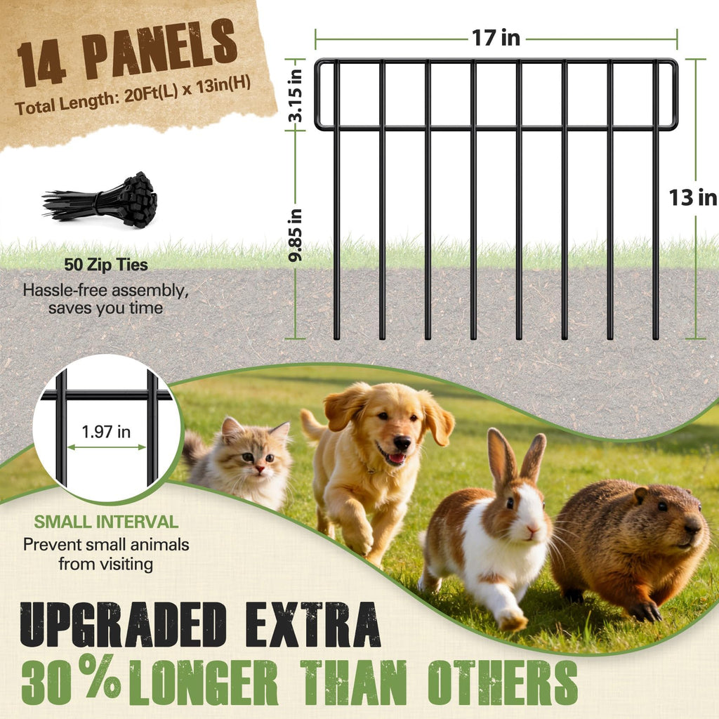 14 Pack 20Ft(L) X 13Inch(H) Animal Barrier Fence - Garden Fence Animal Barrier Garden Border Rustproof Metal No Dig Fence Panels for Dog Rabbit Defense Bottom Blocker for Outdoor Yard Patio