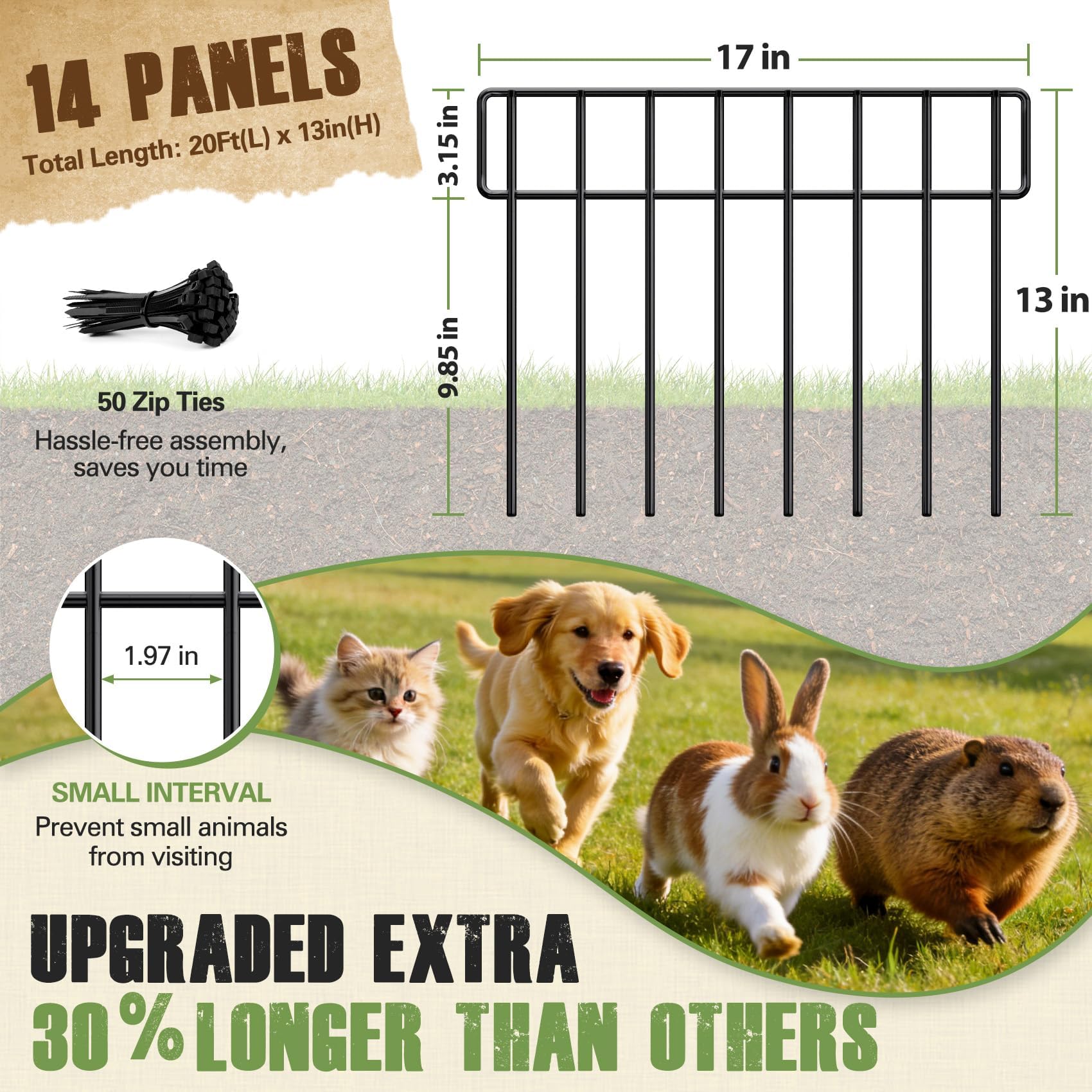 14 Pack 20Ft(L) X 13Inch(H) Animal Barrier Fence - Garden Fence Animal Barrier Garden Border Rustproof Metal No Dig Fence Panels for Dog Rabbit Defense Bottom Blocker for Outdoor Yard Patio
