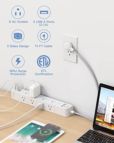 10 ft Extension Cord, Power Strip Surge Protector - 8 Widely AC Outlets 3 USB, Flat Plug, Desktop Charging Station with Overload Protection, Wall Mount for Home, Office, Travel, Computer ETL Listed