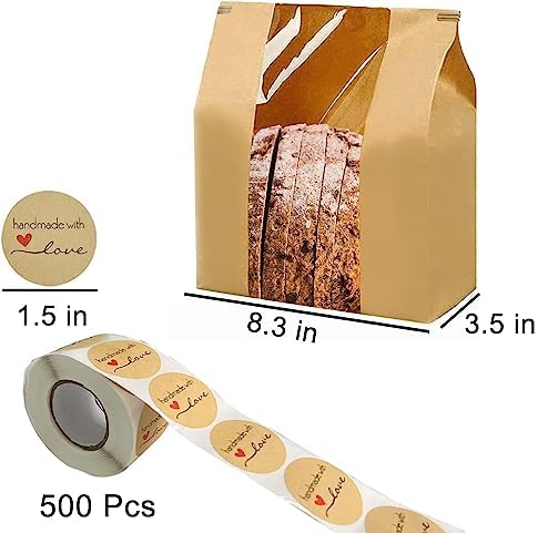 100 Pack Large Kraft Paper Bread Bags for Homemade Bread Loaf Bags 14" x 8.3" x 3.5" with Tin Tie Tab Lock Clear Front Window Bakery Bags Packaging Coffee Cookie Treat Bags with Label Seal Stickers