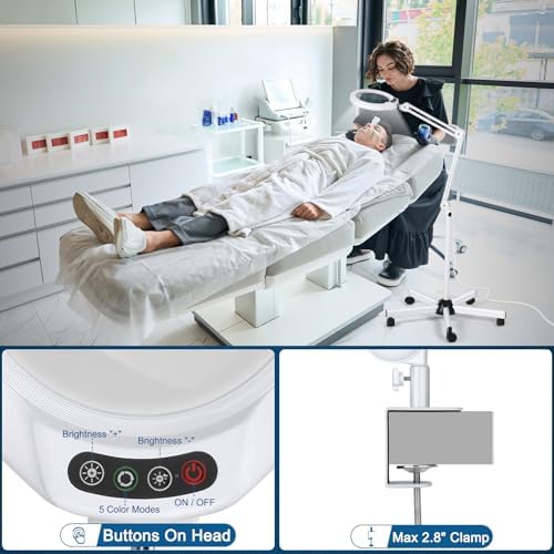 10X Magnifying Glass with Light and Stand, Super Bright 2,200 Lumens LED Magnifying Floor lamp with 5 Wheels Rolling Base, 5 Color Modes Stepless Dimming Lighted Magnifier for Esthetician Facial Salon