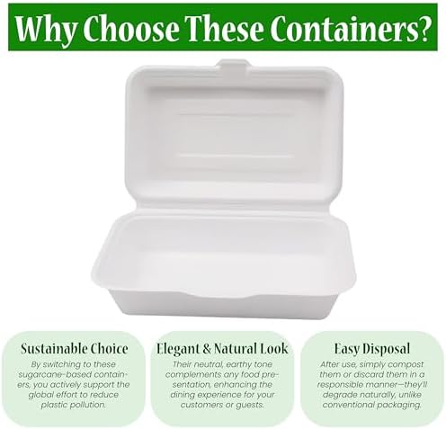 100% Compostable Single Compartment Take Out Food Containers 9x6". 25 Containers, Natural Disposable Bagasse, Eco-Friendly Biodegradable Made of Sugar Cane-Package of 25ct