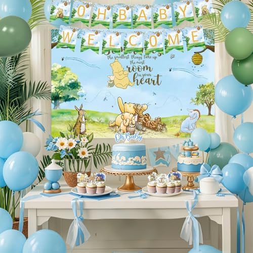 159pcs Blue Classic Winnie Baby Shower Decorations Kit, Vintage Pooh Party Supplies, Classic Pooh Backdrop, Cake Topper, Tablecloth Box Decorations for Girl Boy Baby Shower