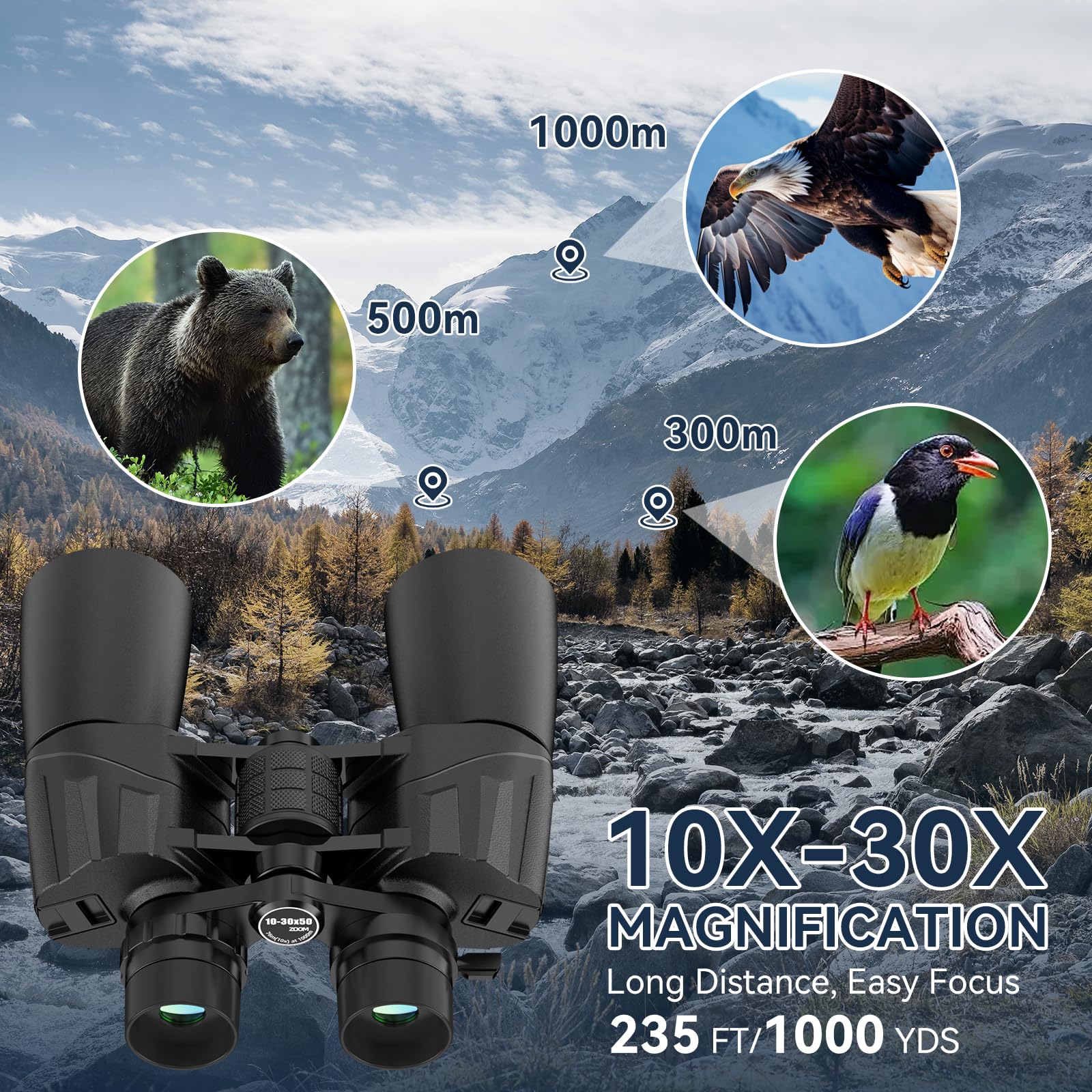10-30X50 High Powered Zoom Binoculars for Adults - Professional Military HD Binoculars with BAK4 Prism/FMC Lens/Large View/Waterpoof/Low Light Night Vision for Bird Watching, Hunting, Outdoor, Hiking