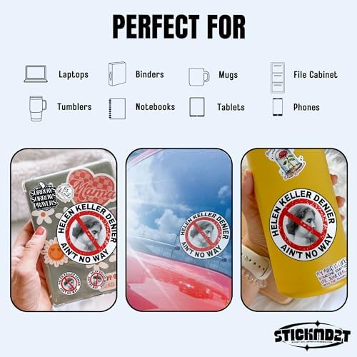 (3Pcs) Helen Keller Denier Matte Sticker Meme Book Lover Kindle Bookish 3" Waterproof Vinyl Decal Sticker Laptop, Water Bottles, Phone, Kindle Merchandise Decor Decal Gifts 3 Inches