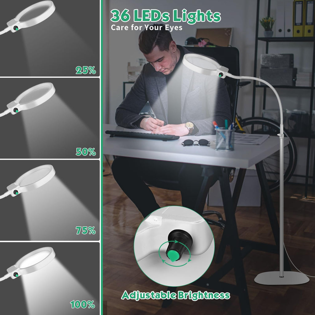 10X 30X Large Magnifying Glass with Light and Stand, 36 LED Flexible Gooseneck Floor Magnifying Lamp, Adjustable Brightness Large Lighted Magnifiers for Reading,Sewing,Crafts,Painting,DIY,White