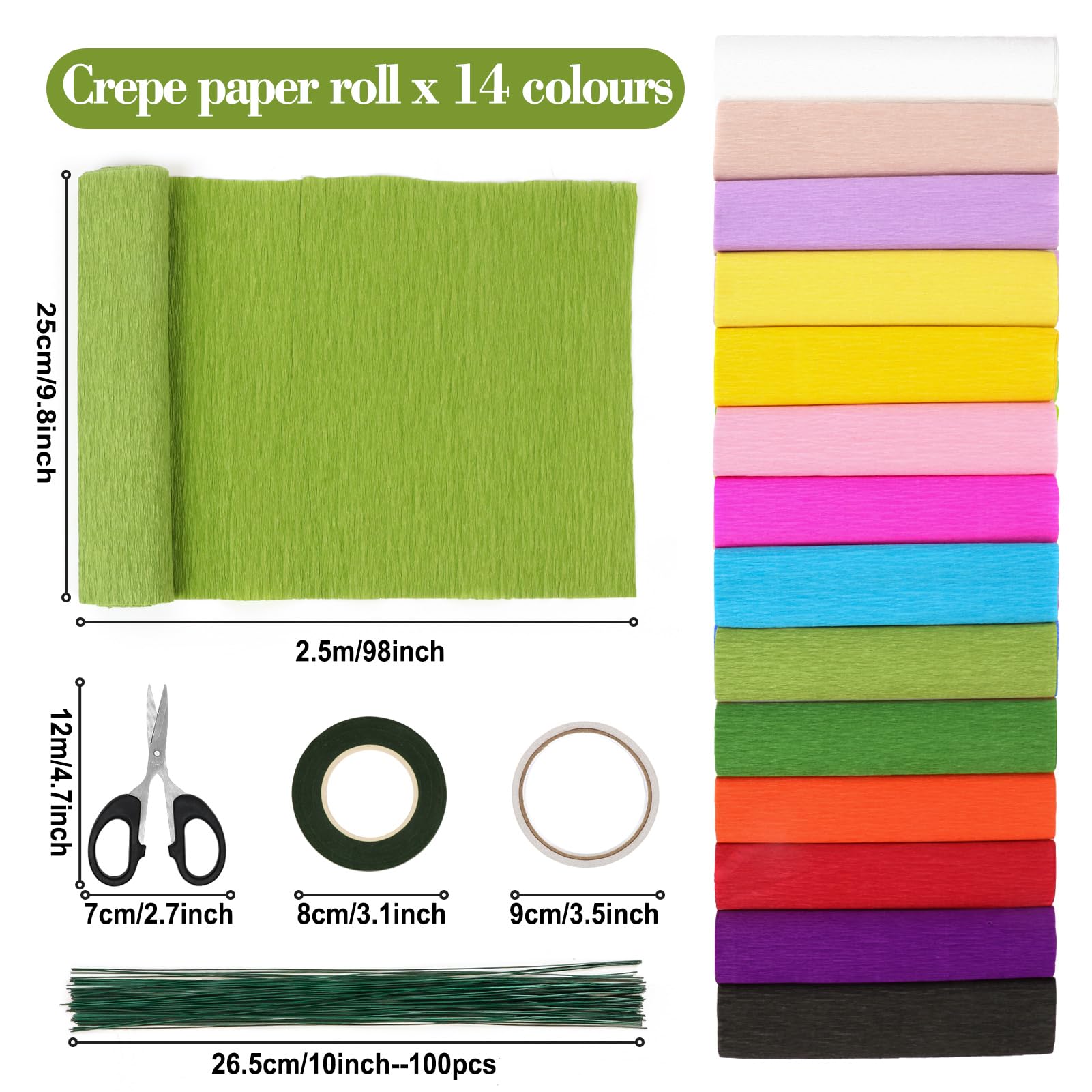 14 Colors Crepe Paper Rolls, 9.8 x 98 Inch Wide Crepe Paper Sheets with 100 Pcs Green Floral Iron Wire, Floral Band, Double-Sided Tape, and Scissors for Birthday Parties Weddings Festival Decoration