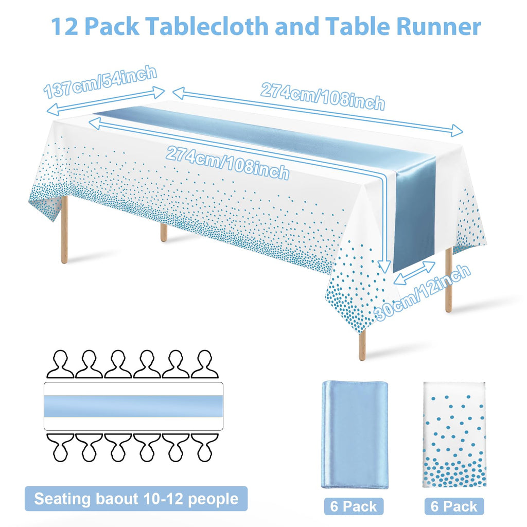 12Pack Disposable Plastic Tablecloths and Satin Table Runner Set White and Light Blue Dot Tablecloth Light Blue Satin Table Runner for Wedding Birthday Baby Shower Engagement Christmas Party Supplies