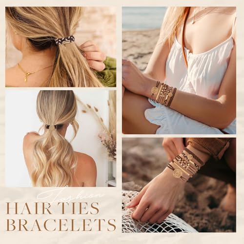 10 PCS Hair Ties Bracelets, Boho Hair Ties for Thick & Thin Hair, Cute Stretch Bracelets, Braided Hair Ties for Ponytail Holders, 5 Styles Hair Ties No-Damage, Dark Coffee