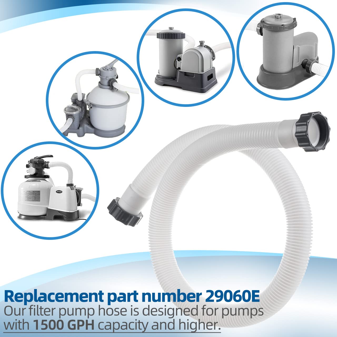 1.5" Pool Pump Hose for Intex Sand Filter Pumps & Saltwater Systems, 29060E Pool Filter Hose for Intex & Coleman Above Ground Pools Parts- 59" Long replacement hoses (Set of 2)