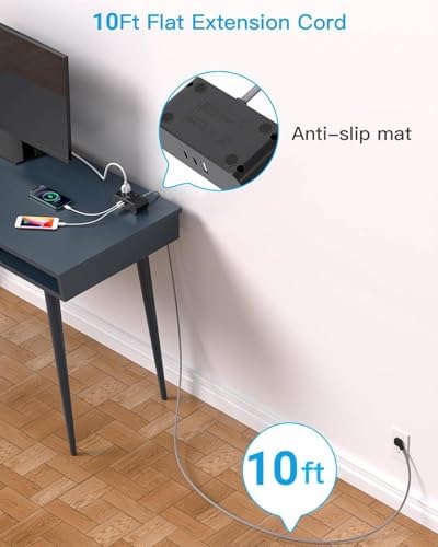 10 Ft Ultra Thin Flat Extension Cord, Black Flat Plug Power Strip with 3 Outlets 3 USB Ports(2 USB C), Desk Wall Outlet Extender, Non Surge Protector for Cruise, Dorm Room Essentials
