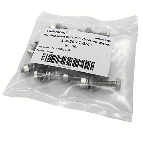 (10 Sets) 1/4-20x1-3/4" Stainless Steel Hex Head Screws Bolts, Nuts, Flat & Lock Washers, 18-8 (304) S/S, Fully Threaded by Bolt Fullerkreg