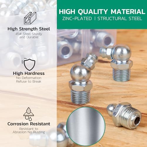 120PCS SAE Grease Fittings Assortment,NPT 1/4" 1/8" Zerk Grease Fittings Kit Straight 45 90 Degree Grease Nipple