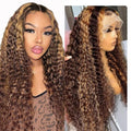 13x6 Highlight Lace Front Wig Human Hair 4/27 Ombre Deep Wave Lace Front Wig Human Hair Pre Plucked With Baby Hair 180% Density Honey Blonde Curly Human Hair Glueless Wigs for Women (28 inch)