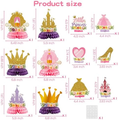 12Pcs Floral Princess Party Honeycomb Centerpieces Princess Theme Party Decorations Supplies Pink and Gold Castle Crown Carriage Baby Shower Birthday Table Toppers for Girls