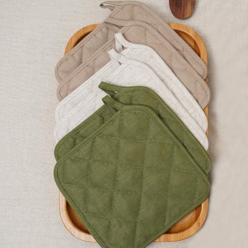 100% Linen Pot Holders for Kitchen Set of 4, Double Linen Layer, Cotton Lining & Hanging Loop, Heat Resistant Hot Pads Pot Holders for Cooking Kitchenaid- Green