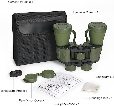 10X50 HD Binoculars for Adults and Kids, Large View Compact Binocular with Clear Low Light Vision, Waterproof/Professional Binoculars for Bird Watching/Outdoor Hunting/Travel (Green)
