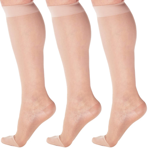(3 Pairs) Made in USA - Sheer Compression Stockings for Women 15-20mmHg - Womens Compression Socks for Circulation during Travel, Airplane, Sport, Athletic - Natural, X-Large - A101NA4-3