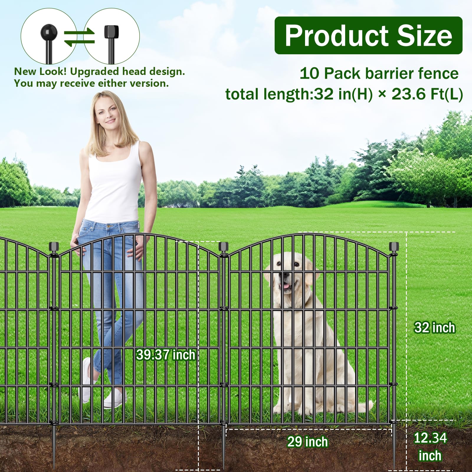 10 Panels Decorative Garden Fence with Gate - 32 in (H) x 23.6 ft (L) No Dig Dog Fence Outdoor for Yard, Rustproof Tall Garden Fencecing Panels, Animal Barrier Suitable for Yard Border, Patio
