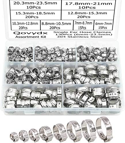130 Pieces 1/4" - 1-1/8" Single Ear Hose Clamps 304 Stainless Steel PEX Cinch Clamps Stepless Cinch Crimp Rings Pinch Clamps for Pipe Fitting Connections (10 Sizes 6-29mm)