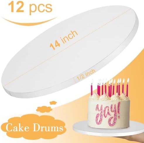 12 PCS Cake Drums 14 Inch, Cake Boards 14 Inch, 14 Inch Cake Drum, Cake Boards 14 Inch Round, Cake Drum 14 Inch Round, 1/2" Thick Cardboard, Sturdy Cake Base, Food Grade Cake Rounds, Base para Pastel
