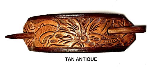 1 LARGE LEATHER HAIR BARRETTE WITH STICK…. CLIPPED CORNER DESIGN PONYTAIL HOLDER…... WESTERN FLOWER PATTERN HAIR CLIP CHOICE OF 5 OUTSTANDING COLORS