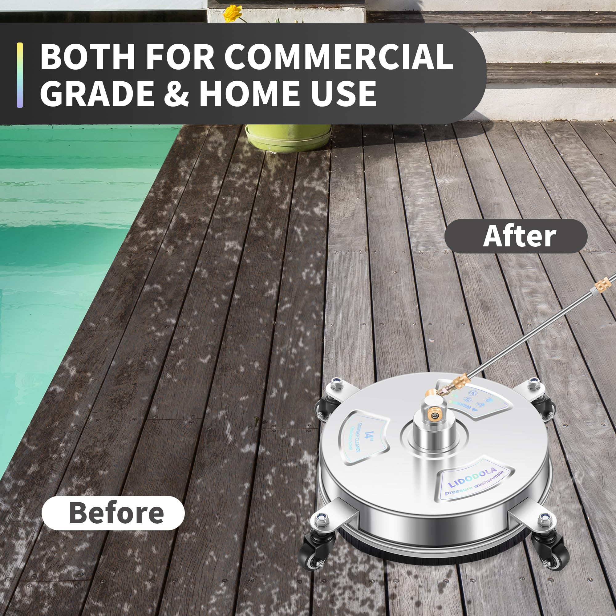 14" Pressure Washer Surface Cleaner with 4 Wheels - Stainless Steel Surface Cleaner for Pressure Washer Attachment for Concrete, Patio, Sidewalk, Deck and Driveways - PWS14