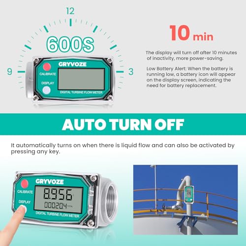 1 Inch Digital Turbine Fuel Flow Meter, 2.6-26 GPM Inline NPT Thread Flowmeter with 3/4 in Adapters for Water, Diesel, Gas Oil, Gasoline, and Other Liquids - Supports Gallon, QTS, PTS, L, m³