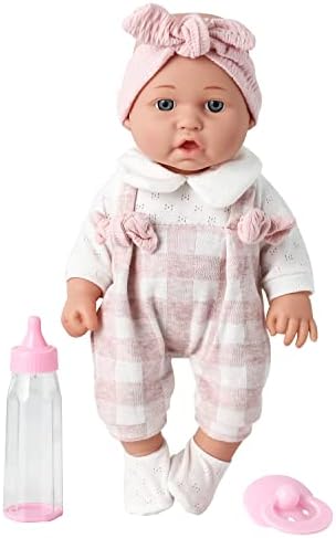 12'' Baby Doll in Gift Box with Pink Cloths, Pacifier, 13''x13'' Microfabric Blanket, and Feeding Bottle. Gift Idea for Ages 3+