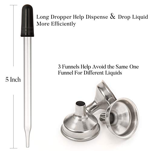 12 Pack, 2 oz Glass Dropper Bottle with 3 Stainless Steel Funnels & 1 Long Eye Dropper - 60ml Amber Glass Tincture Bottles for Travel Essential Oils, Liquids - Leakproof