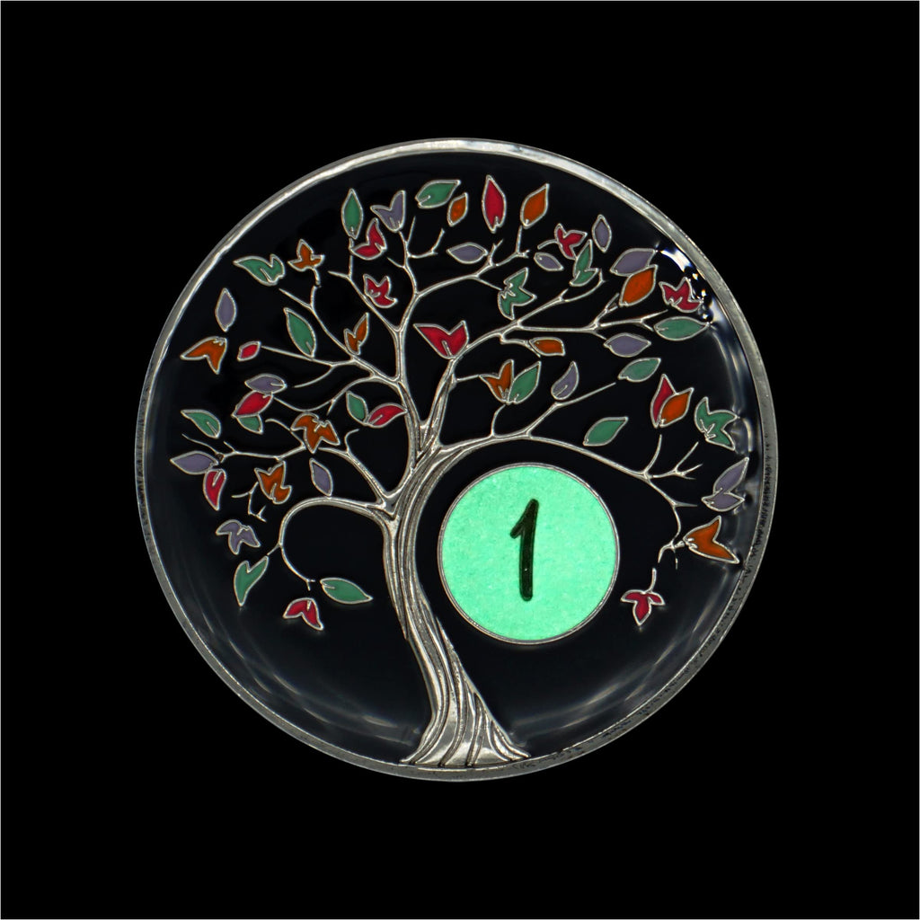 1 Year Sobriety Chip | Tree of Life AA Coin Token Medallion with Glow in The Dark Recovery Anniversary