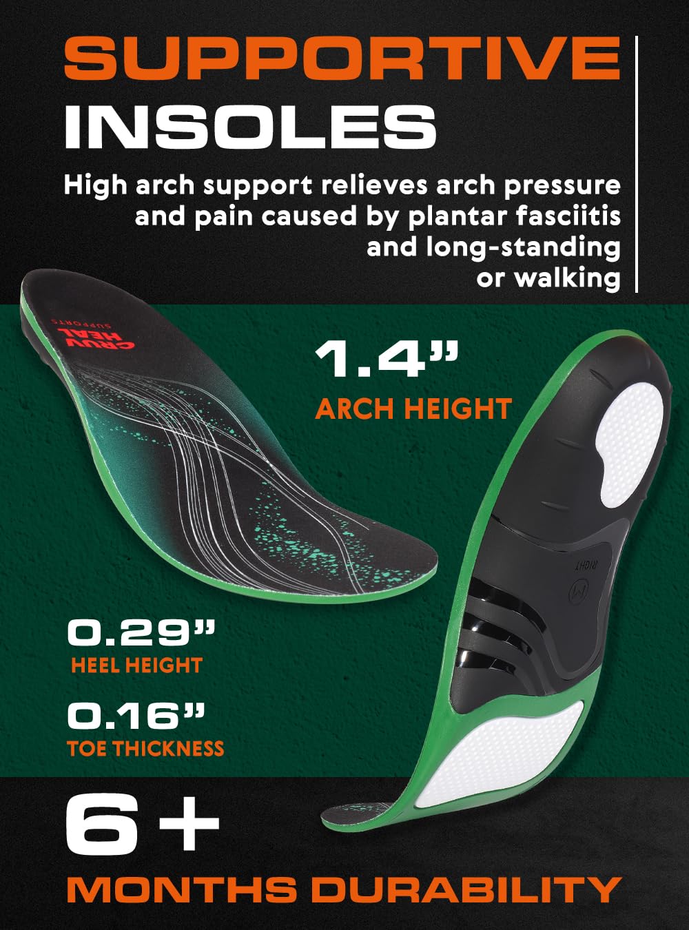 (Pro Grade) 220+ lbs Plantar Fasciitis High Arch Support Insoles Men Women - Orthotic Shoe Inserts for Arch Pain Relief - Boot Work Shoe Insole - Standing All Day Heavy Duty Support (S, Green)