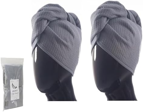 100% Turkish Cotton Hair Towel Wrap for Women,Non Microfiber,Super Absorbent,AntiFrizz,Plopping Hair Drying Waffle Bath Towels for Curly,Long&Thick Hairs,Head Wrap,2 Pack10x26inc (Grey+Grey)
