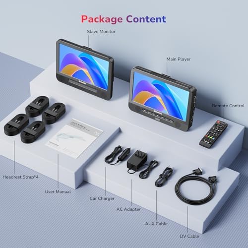 10.1'' Portable Blu Ray Player for Car with Rechargeable Battery, Dual Screen Blu Ray DVD Player Support 1080P Video, Dolby Audio, HDMI Out, Sync Screen, Last Memory, Region Free, USB/SD