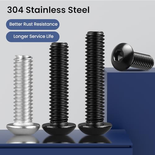 1/4-20 x 7/8 Inch Button Head Socket Cap Bolts Screws,304 Stainless Steel 18-8,Fully Threaded,Black Zinc Plated,with Hex Spanner(50Pcs)