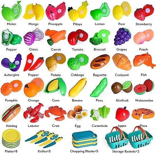 100 PCS Cutting Play Food Toy for Kids Kitchen, Pretend Food Toys for Toddlers, Play Kitchen Toys Accessories with 2 Baskets, Fake Food/Fruit/Vegetable, Birthday Gifts for 3 4 5 Years old Boys Girls