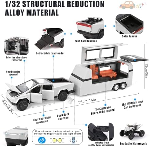 1/32 Cybertruck Toy Car Metal Model for Kid, Alloy Diecast Pickup Trailer RV Model Kit, Toy Truck with Sound and Light, Off-Road Vehicle Collection for Boy Girl Toddler Birthday