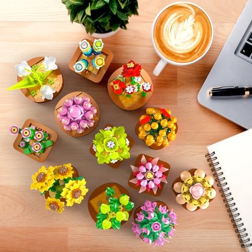 12 Flowers Succulents 3.6MM Mini Building Set - 1403PCS Flower Botanical Collection for Office Home Décor Plant Building Blocks Toy, Gifts for Valentine Mother's Day Birthday Adults Women Kids 10+