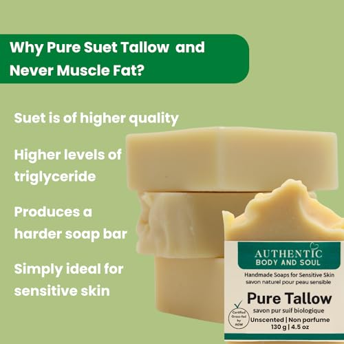 1 Ingredient Organic Tallow Soap for Sensitive Skin - 130 grams each, Pack of 2 - Premium Unscented and Fragrance Free Beef Tallow Skincare, Certified Grass-Fed by AGW (2 Pack Unscented)