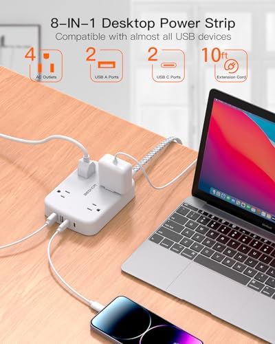 10FT Surge Protector Power Strip, Flat Extension Cord with 2 USB C, Flat Plug Power Strip, 4 Widely Outlets and 4 USB Charging Ports, Outlet Extender, 900 Joules, for Home Office Dorm Room Essentials