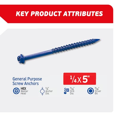 1/5 x 5 Hex Head Blue Concrete Screw Anchors (100 pcs Screw Kit) with one Screwdriver and Drill Bit for Concrete, Masonry, Block, Brick and Wood Fastening