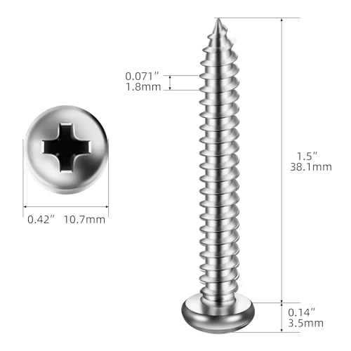 #12 x 1-1/2" Pan Head Self Tapping Screw, Pan Head Sheet Metal Screws Wood Screws, Stainless Steel 304 (18-8), 50 Pack