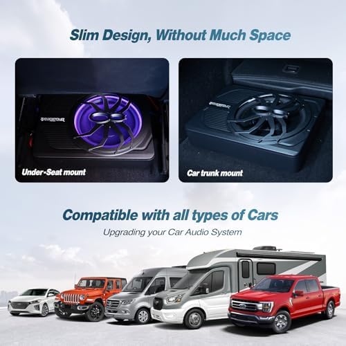 10" Upgrade 800W Slim Under Seat Powered Car Subwoofer, Car/Truck Audio Sub Built in Amplifier amp Combo Package, with Blue LED Light (Subwoofer+Installation Wire Kit)