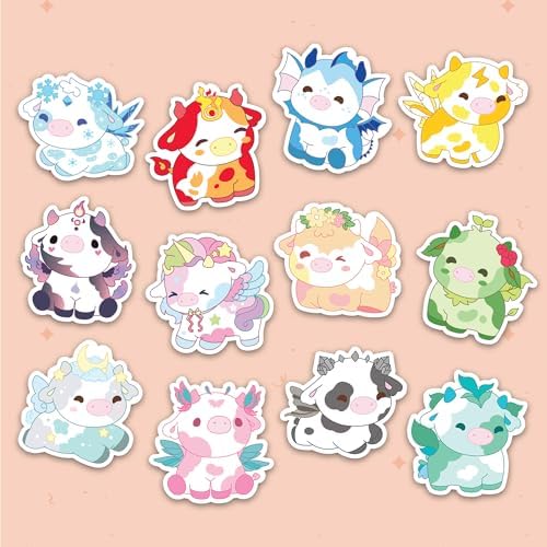 12PCs Fairy Cows Sticker Set, Chonky Magical Cows Waterproof Vinyl Stickers for Laptop Water Bottle Phone Case Tumbler, Cute Cow Angel Elementalist Decals Gifts for Teens Kids Boys Girls (Size 3")