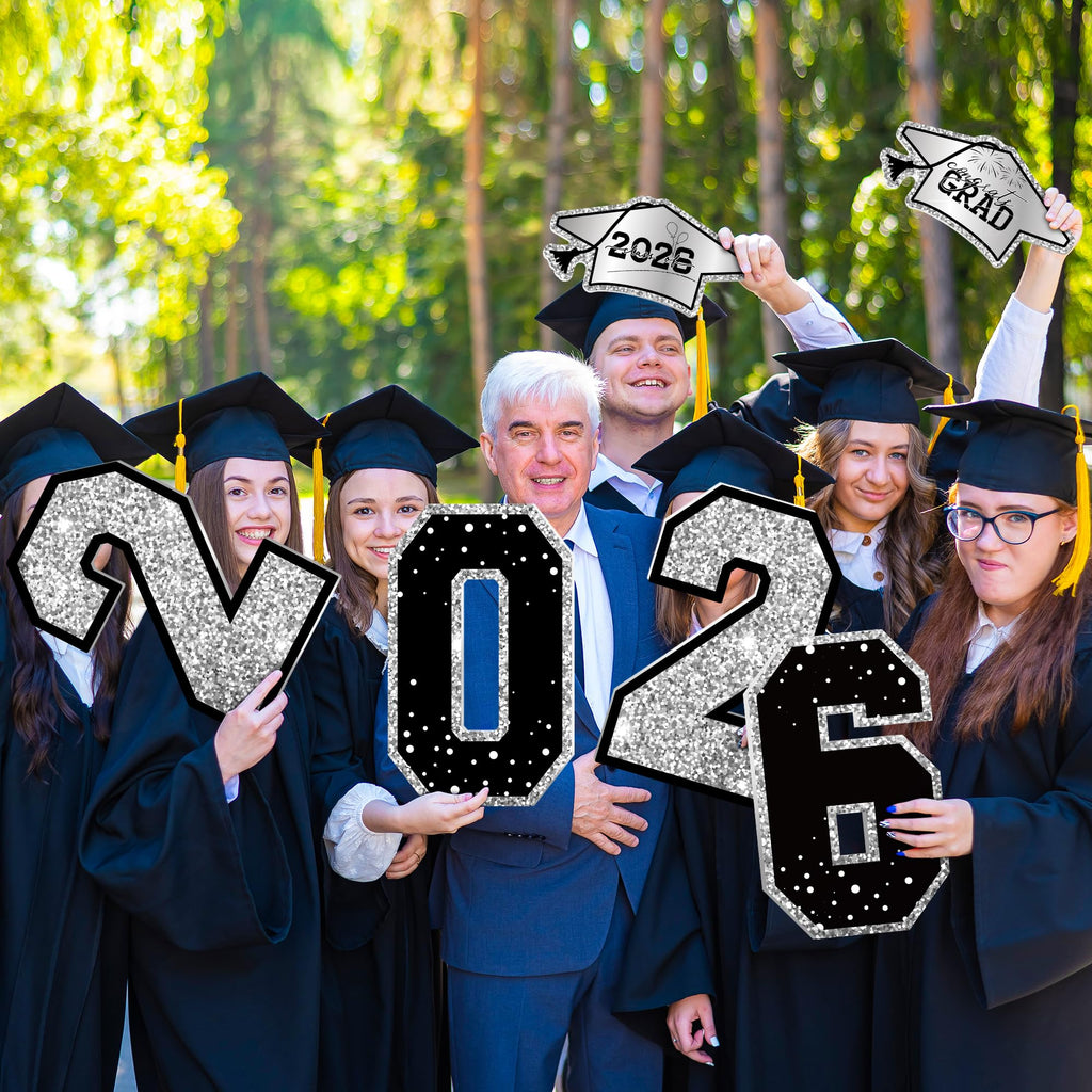 14 PCS Graduation Decorations, Silver Congrats Grad 2026 Lawn Stakes, Class of 2026 Graduation Yard Signs with Stakes, Weatherproof Graduation Outdoor Decor Set for College High School Grad Party