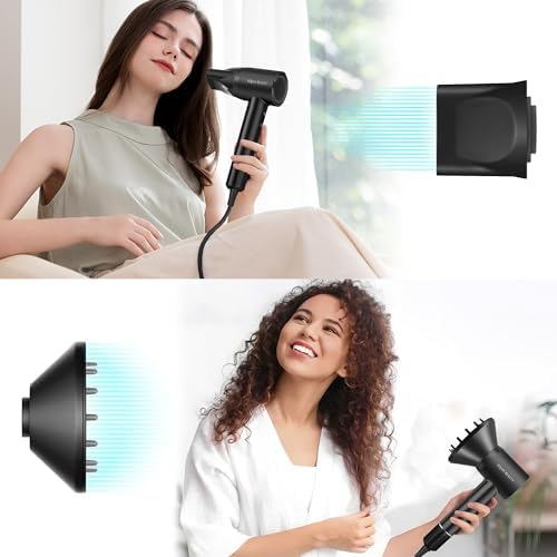 110,000 RPM Brushless Motor Hair Dryer for Fast Drying, 200 Million Negative Ions, Travel-Friendly Low Noise Design (Black, with Concentrator and Diffuser)