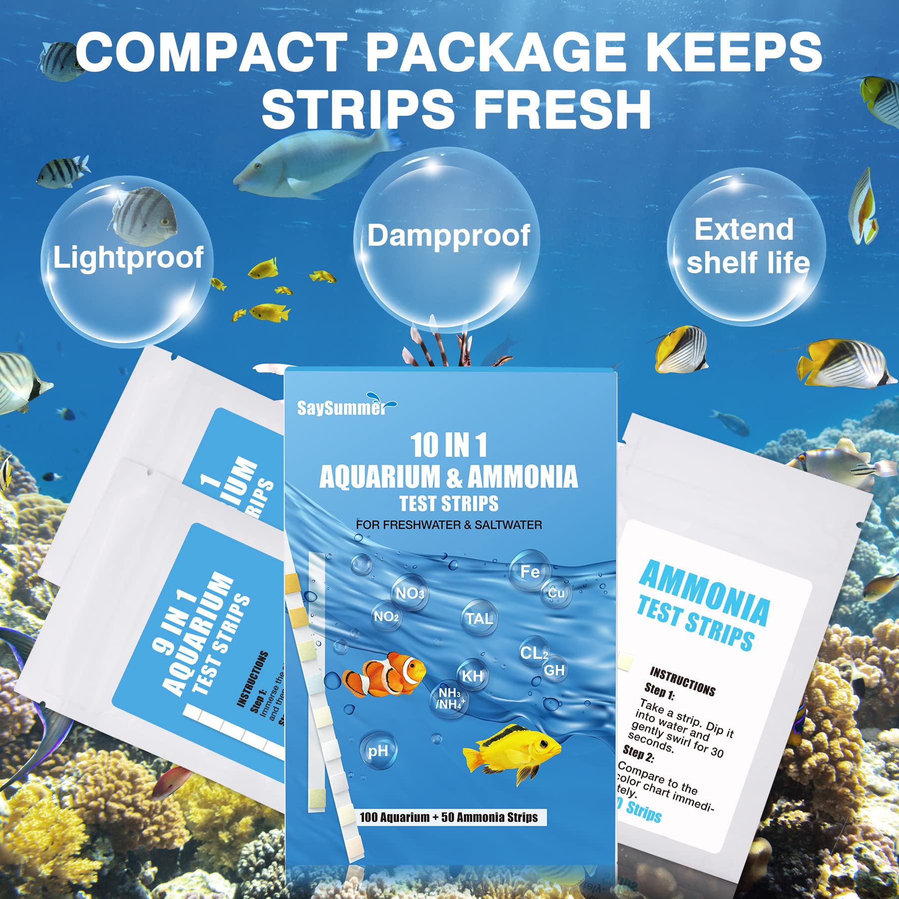 10 in 1 Ammonia Test Kit for Aquarium, 150ct Aquarium Ammonia Test Strips Freshwater Saltwater, Fish Tank Aquarium Test Strips Kit - Testing Ammonia and 9 More !