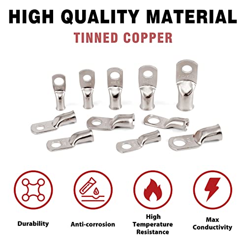 10pcs Sanuke 2/0 AWG - 5/16" Tinned Copper Wire Lugs Ring Terminals, Marine Grade Battery Cable Ends with 3:1 Dual Wall Adhesive Heat Shrink Tubing