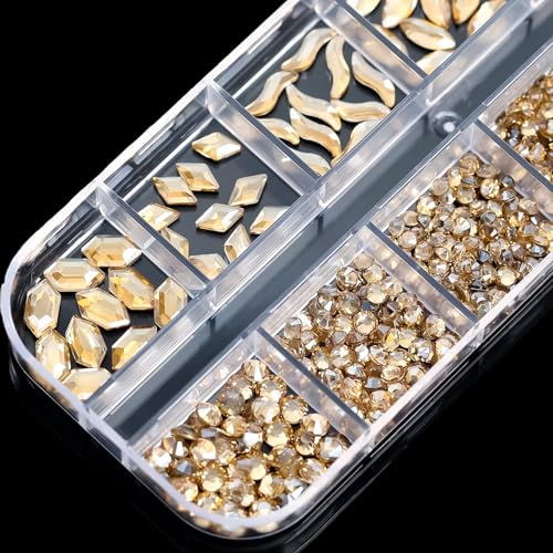 1070 Pieces Champagne Gold Nail Rhinestones for Nails Gold Stones for Nails Crystals 3D Nail Diamonds Art Decoration Crafts DIY (Champagne Gold)